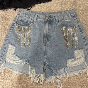 Cider Light Blue Denim Shorts with Fringe Detail